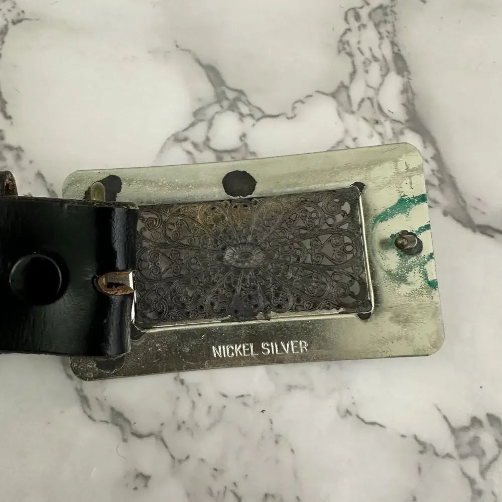 Vintage 70s Tooled Leather Belt Size 26 Frontier Traders Disneyland Black Silver